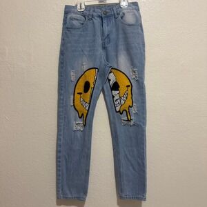 Unbranded Distressed Light Wash Jeans w/ Melting Smiley Skull Patches Streetwear